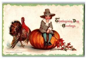 Frances Brundage Thanksgiving Pilgrim Child Pumpkin Turkey Postcard 1900s